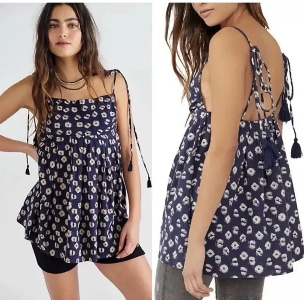 Free People Molly Sleeveless Cotton Tunic Top Indigo Combo Blue XS
